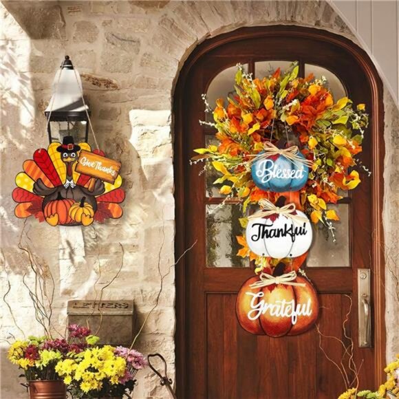 Thanksgiving Decoration Wood Pumpkin Turkey Door Wall Wreath for Front Door - Picture 7 of 8